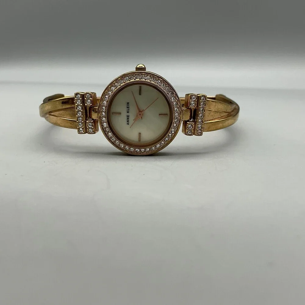Anne Klein Womens Watch 24mm MOP Gold Tone Crystals Bangle New Battery 6.75